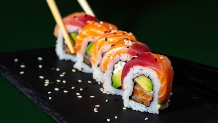 Close-Up of Fresh Sushi Roll with Chopsticks  
