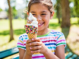 Smiling Girl Holding Colorful Ice Cream Cone Outdoors  
