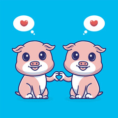 Cartoon illustration of two cute pig holding hands in a love shape, adorable and heartwarming 