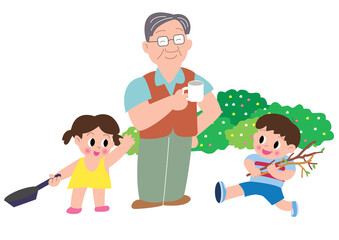 キャンプでコーヒーカップを持つお父さんと子供たち
