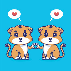 Cartoon illustration of two cute tiger cat holding hands in a love shape, adorable and heartwarming 