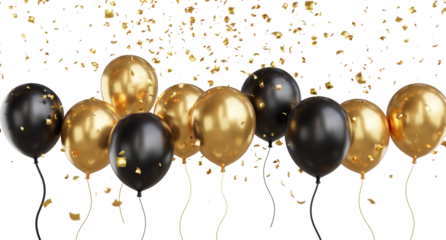 3D render of Golden Balloons and Confetti with Celebration banner.