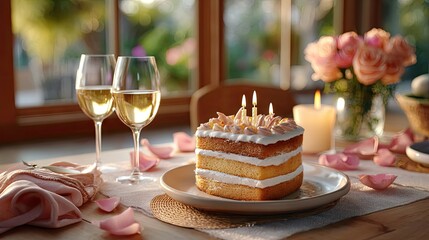 Birthday cake with candles and wine