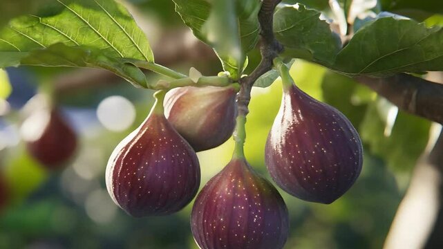 Fig tree with delicious figs hanging from its branches. 4k video
