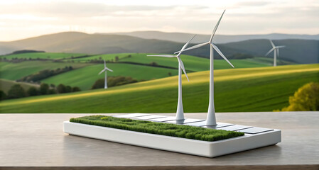 Obraz premium Sustainable Energy Wind Turbines and Solar Panels in a Green Landscape