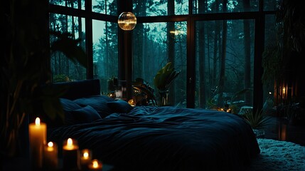 A cozy bedroom with a forest view during a nighttime scene