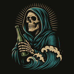Grim Reaper Holding Bottle with Ocean Waves Vector Illustration