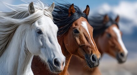 Fototapeta premium Three horses of different colors run against the sky, one white and two brown with black manes