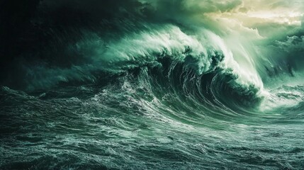 Dark stormy skies overshadow a turbulent ocean landscape.