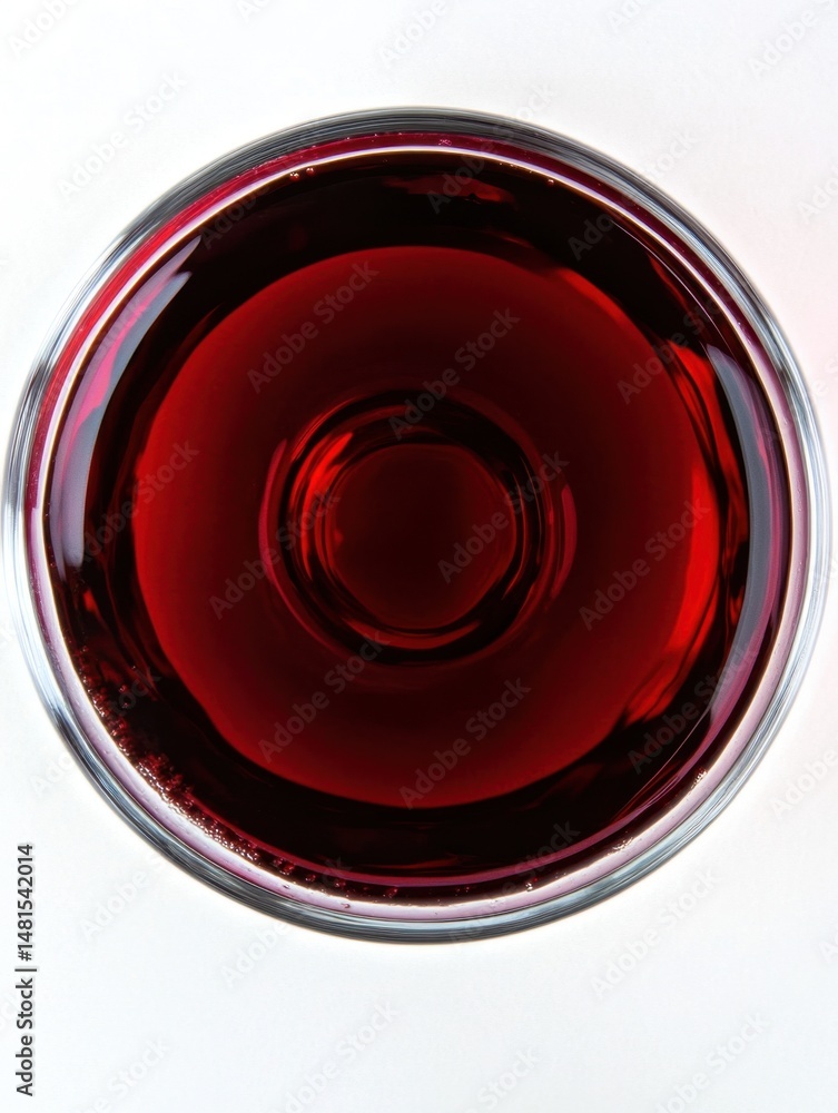 Poster overhead view of red wine in glass on white background showcasing color and texture of the beverage 