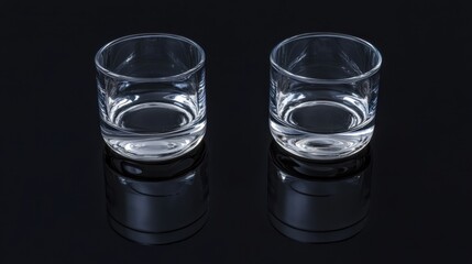 Two Empty Clear Glass Tumblers Reflecting on Black Surface Studio Shot Minimalist Style Simple Elegant Drinkware