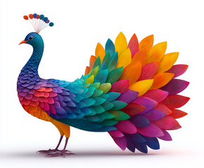 An vibrant illustration of the side view of a peacock in rainbow colors.