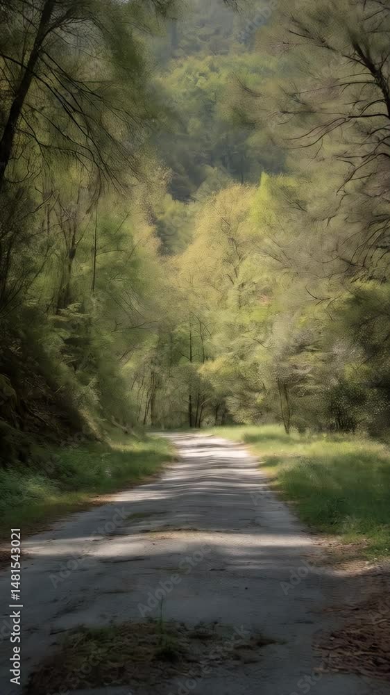 Poster winding road through lush green forest with dappled sunlight filtering through the trees creating a 