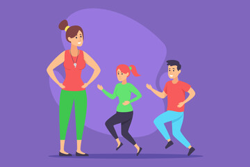 Group of children energetically participating in physical education class led by instructor. Instructor guiding students in exercises while promoting fitness and fun