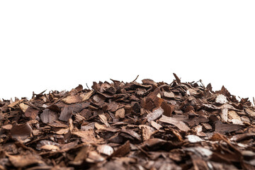 Pile of brown bark mulch for gardening isolated on transparent background