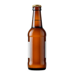A close-up shot of a beer bottle, with blank label for any design on a white background