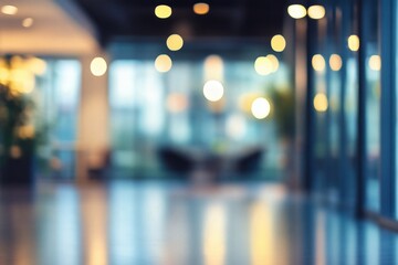 Soft Abstract Bokeh Lights in a Modern Interior with Glass Walls and Polished Floor, Creating a Clean and Bright Atmosphere for Backgrounds and Design Compositions