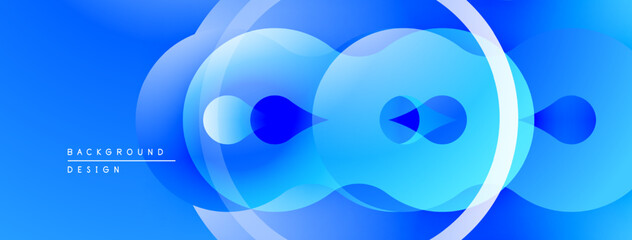 Abstract blue design features overlapping circles, gradients, dynamic shapes. Modern aesthetic suitable for backgrounds, presentations.