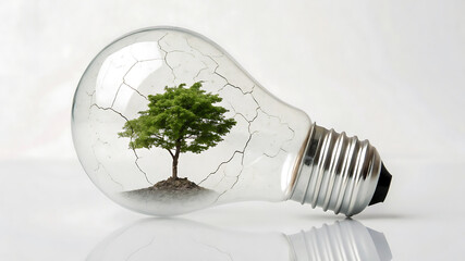 Sustainable Energy A Tree Growing Inside a Cracked Light Bulb