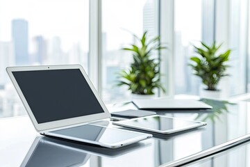 Modern office workspace with laptop and tablet.