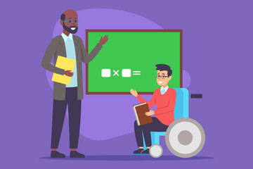 Teacher enthusiastically explaining concept to student in wheelchair during engaging classroom session. Learning atmosphere, promoting inclusivity concept