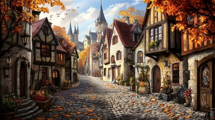 Fototapeta premium A picturesque medieval town featuring cobblestone streets and enchanting homes. 