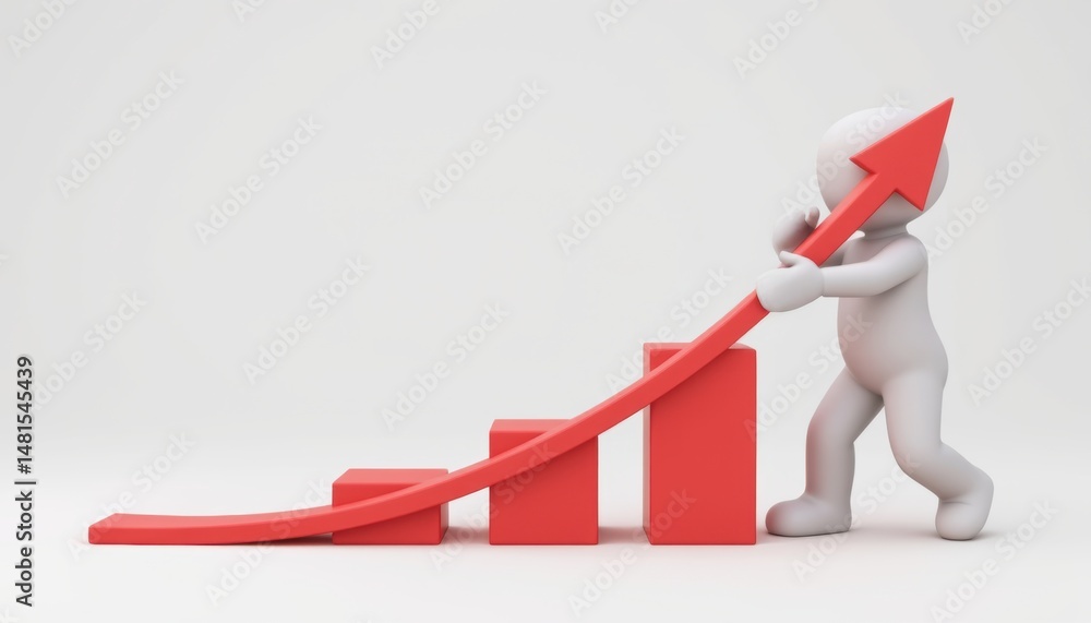 Poster 3d figure pushing an upward arrow on a bar graph.