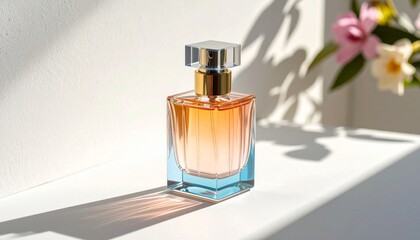 Elegant perfume bottle displayed with soft lighting and floral accents for aesthetic appeal