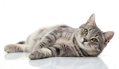 Adorable Gray Tabby Cat Relaxing on White Background