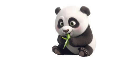 Naklejka premium fluffy cartoon panda cub nibbling bamboo on white background