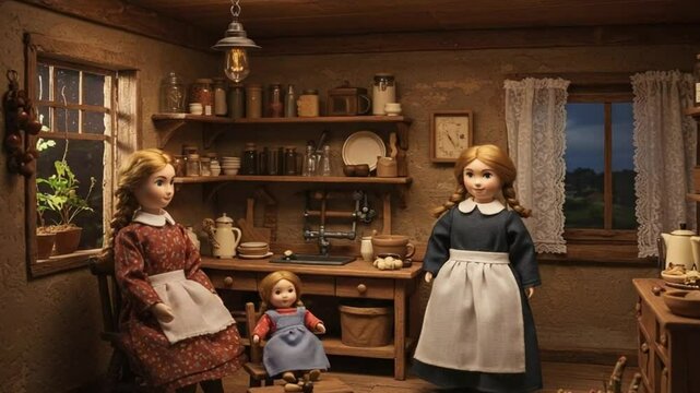 Miniature Dollhouse Kitchen Scene with Dolls in Aprons