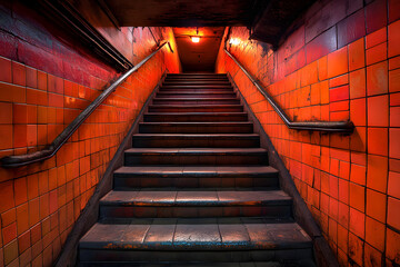 Worn Red Tile Stairwell in Underground Passage
