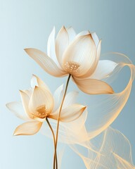 Obraz premium Two ethereal lotus flowers blooming gracefully against soft blue background, artistic rendering, studio shot, serene beauty, delicate details