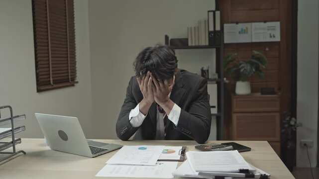 Burnout concept. Asian Business man touching forehead having headache boring job and tired emotional pain and professional person depressed over risk
