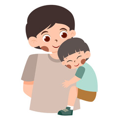 Smiling Father Embracing Son: Cartoon Illustration, Family Love, Gentle Moment.