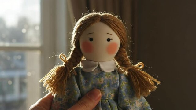 Close-Up of Handmade Cloth Doll with Braided Hair by the Window