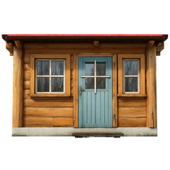 Obraz premium A small wooden cabin with a blue door and two windows. The cabin has a red roof and stands on a concrete foundation