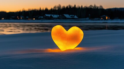 Fototapeta premium An illuminated heart shape resting in snowy landscape at sunset