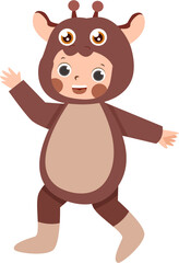 Child in Brown Animal Costume Waving and Smiling.