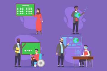 Colorful depiction of distinct education scenarios, including teachers and students engaging with different subjects, emphasizing inclusivity and innovation in learning