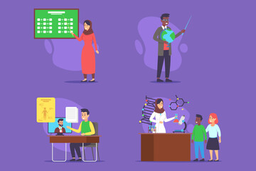 Vibrant collection of education-themed visuals featuring teachers and students engaged in various learning activities. Science, geography, and technology concept