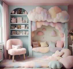 whimsical pastel nook with cloud shelves and 