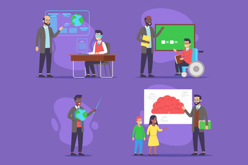 Collection of various educational settings, featuring teachers engaging with students in different activities