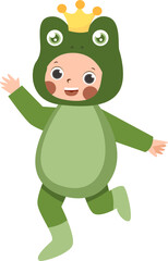 Happy Child in Frog Costume with Crown, Green Cartoon Illustration