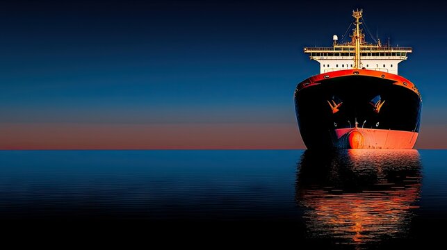 A large ship is sailing across the calm open ocean waters