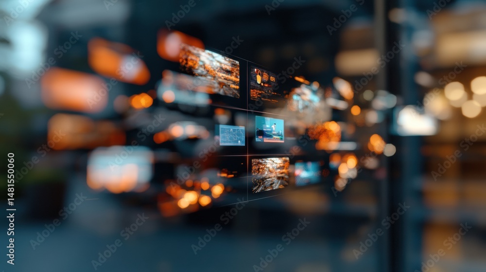 Poster Immersive Digital Workflow Blurred VR Interface Showcasing Multi-Screen Augmented Reality Technology for Next-Gen Professional Visualization and Adaptive Work Environments