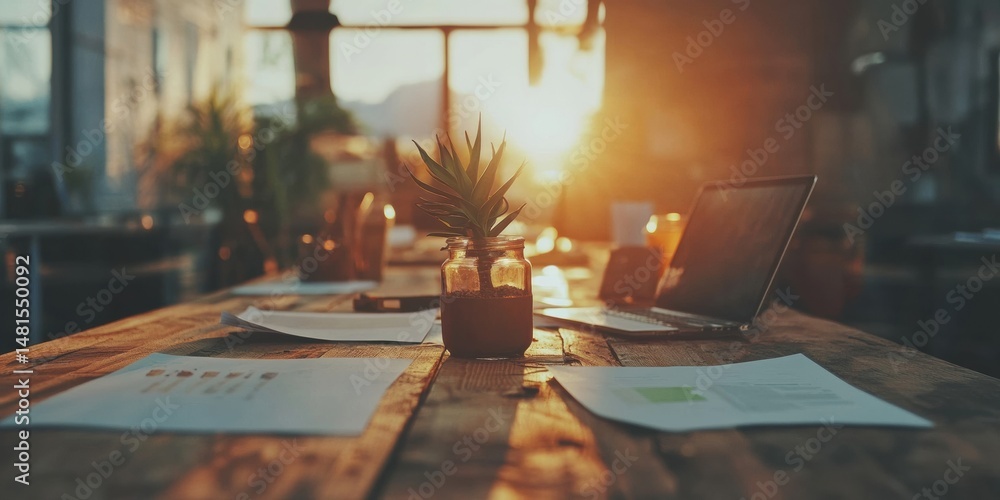 Aufkleber sustainable workspace innovation golden hour collaboration and mindful design in modern professional
