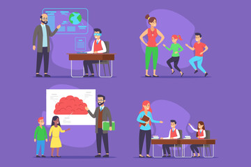 Fototapeta premium Diverse group of individuals engaged in various educational activities. Classroom with teacher presenting to students and small groups collaborating on tasks