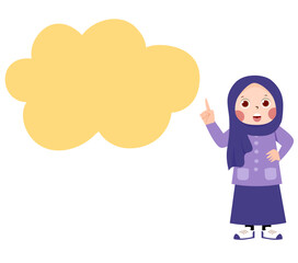 Hijab-wearing girl pointing to a yellow thought bubble, cartoon illustration on white.