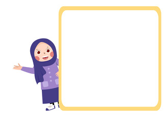 Smiling girl in hijab pointing to blank framed space, cartoon illustration.